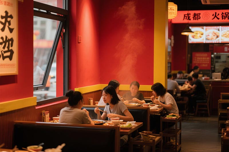 红与黄的色彩搭配火锅店装修效果图
