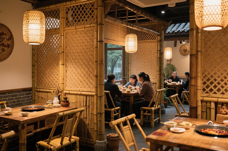 以竹编元素为特色的火锅店装修效果图