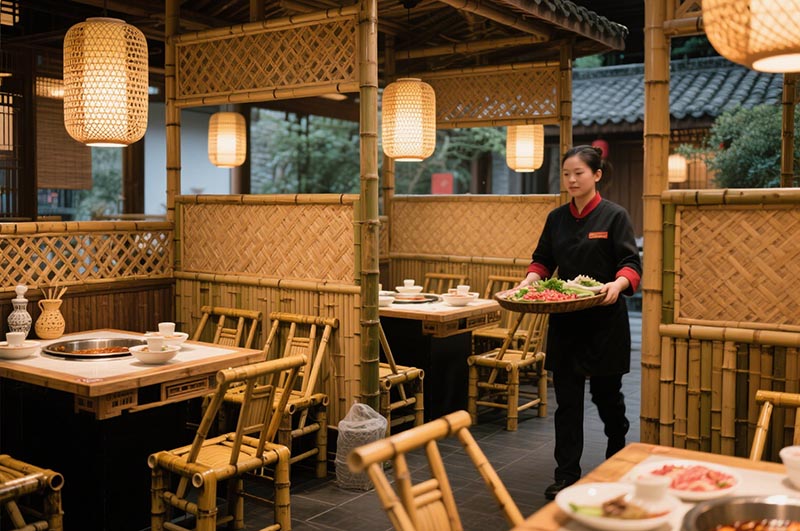 以竹编元素为特色的火锅店装修效果图