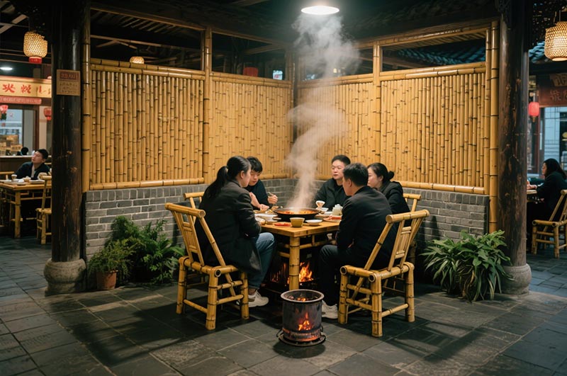 采用竹、木、青砖等传统材质的火锅店装修效果图