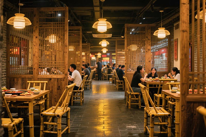 采用竹、木、青砖等传统材质的火锅店装修效果图