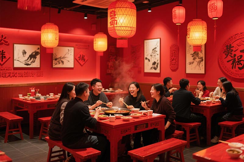 以红色作为火锅店的经典主色调装修效果图