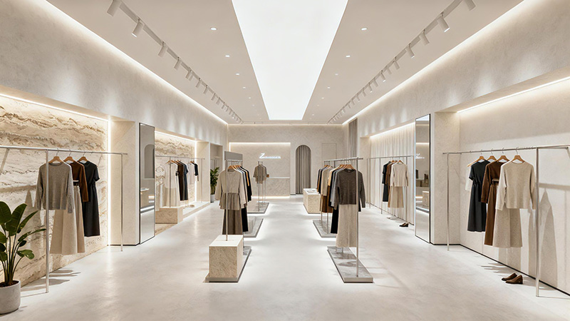 窄长的服装店铺装修布局设计效果图